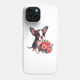 Valentine Boston Terrier Dog Giving Flowers Phone Case