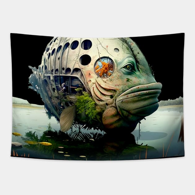 The Armored Angler: The Future of Fish on a Dark Background Tapestry by Puff Sumo