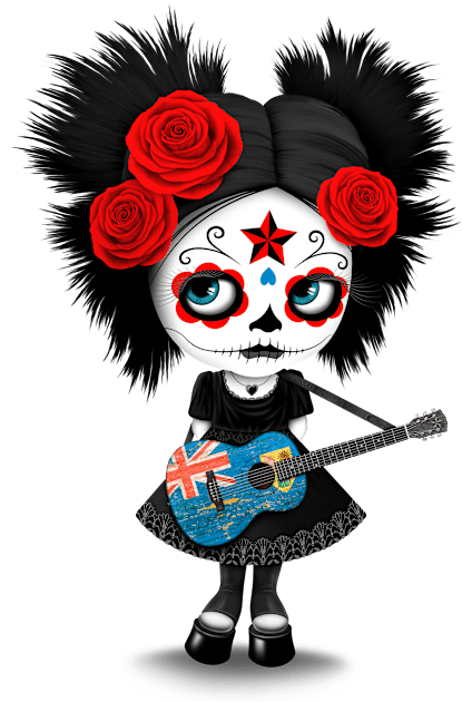 Sugar Skull Girl Playing Turks and Caicos Flag Guitar Kids T-Shirt by jeffbartels