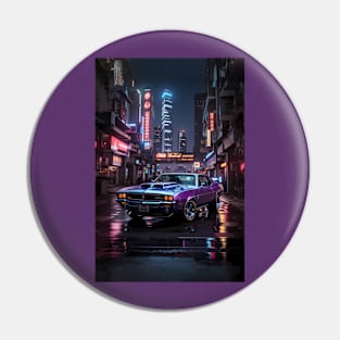 Classic muscle car in a cyberpunk neon city Pin