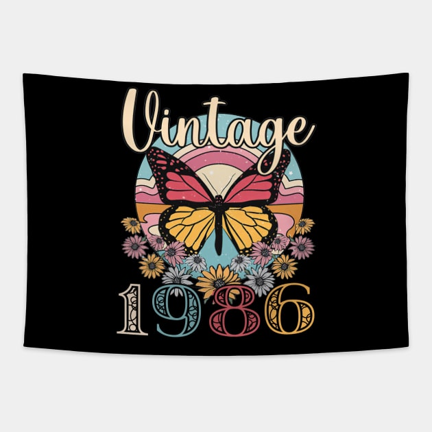 Floral Butterfly Retro Vintage 1986 37th Birthday Tapestry by nakaahikithuy