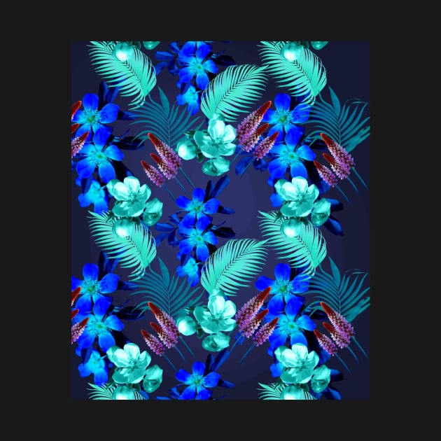 Palm Leaves And Flowers, Blue Navy by Random Galaxy