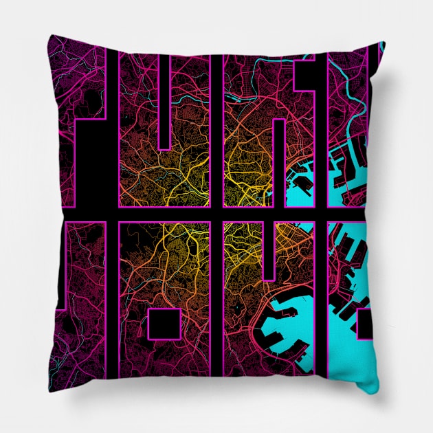 Yokohama, Japan City Map Typography - Neon Pillow by deMAP Studio