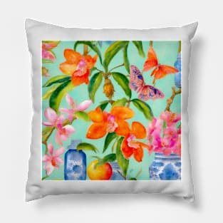 Orange orchids and chinoiserie jars watercolor Pillow