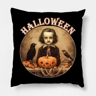 Edgar Allan Poe Child Portrait Halloween Raven Pumpkin Pillow