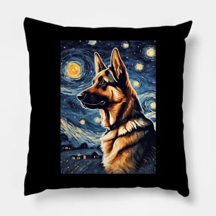 German Shepherd Dog Breed in a Van Gogh Starry Night Art Style Pillow