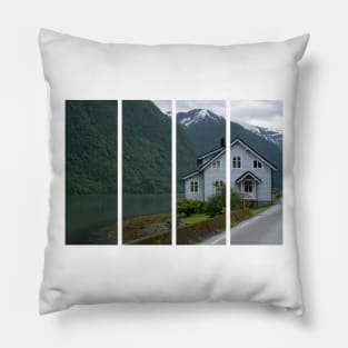 Wonderful landscapes in Norway. Innlandet. Beautiful scenery of Fjaerland village and the Fjaerlandsfjorden. Snowed mountains and waterfall. Cloudy day. Pillow