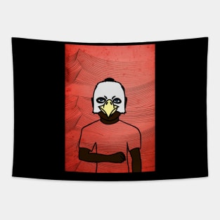 Uniswap - Blue-Eyed Male Character with Animal Mask and Waves Background Tapestry