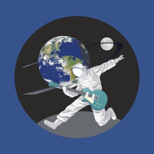 Spaceman playing electric guitar on another planet in our Galaxy T-Shirt
