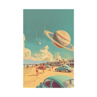 Beachside Cosmos: Retro Beach and Planetary Vista Design T-Shirt