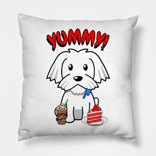 Cute white dog is having coffee and cake Pillow