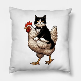 Tuxedo Cat Riding on A Chicken Pillow