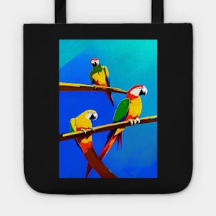 3 BEAUTIFUL PARROTS BLUE AND PURPLE  BACKGROUND Tote