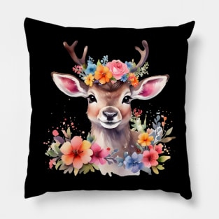 A baby deer decorated with beautiful watercolor flowers Pillow