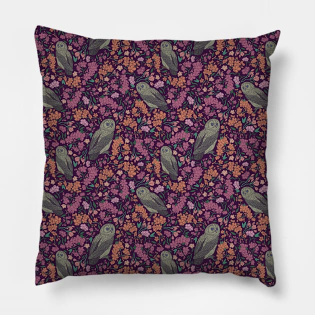 Grey owls amoung bright cherry flower branches Pillow by PinataFoundry