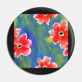 red flowers against a blue and yellow bg Pin