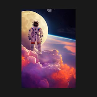 Astronaut flying in front of moon with red-purple clouds in space T-Shirt