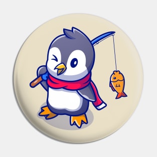 Cute Penguin Fishing Cartoon Pin