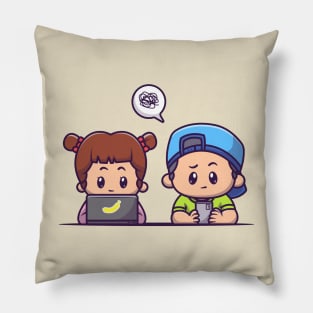 Cute Girl And Cute Boy Playing Gadget Cartoon Pillow