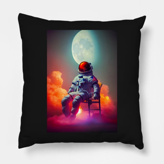 Astronaut sitting on a chair  with red clouds around in space with moon in the background Pillow by MoEsam95