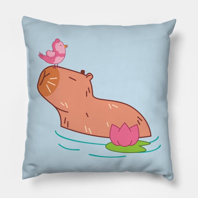 Capybara with pink bird and flower Pillow by AnnArtshock