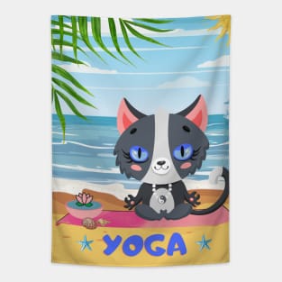 cat meditating on the beach Tapestry