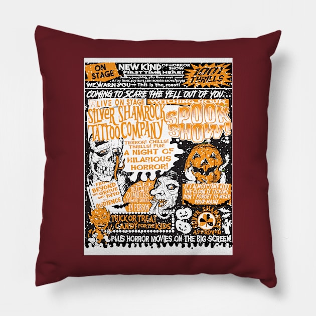 Silver Shamrock Spookshow Spectacular in ORANGE Pillow by Silver Shamrock Tattoo Company