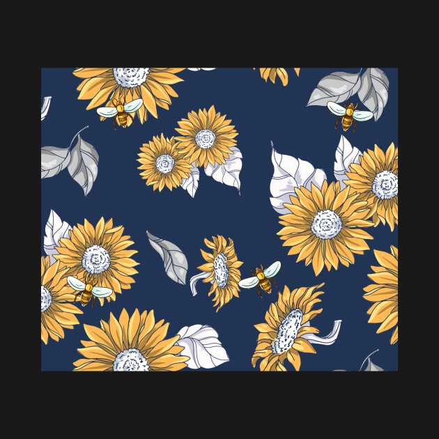 Sunflowers and Honey Bees in Navy Blue by gillys