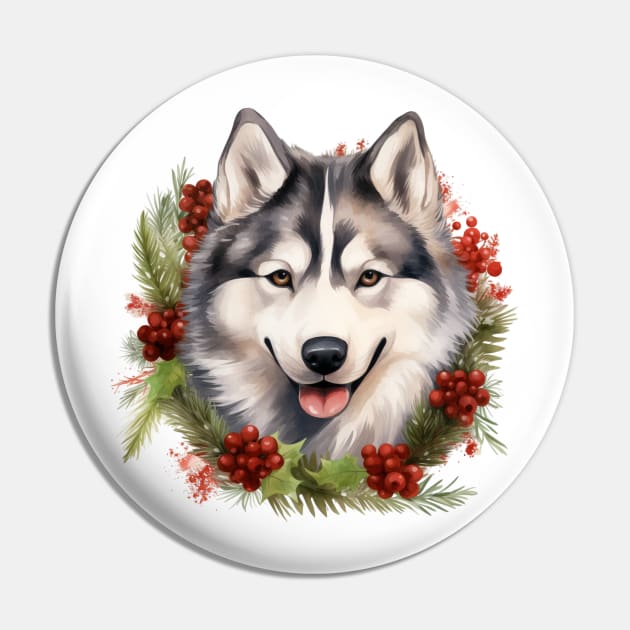 Christmas Husky Dog Wreath Pin by Chromatic Fusion Studio