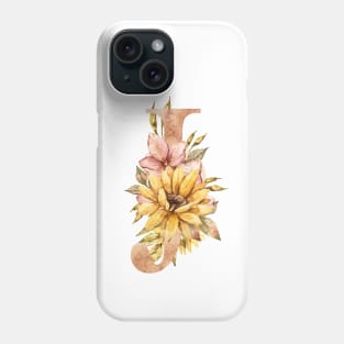 Watercolor sunflower bouquet monogram letter J Phone Case