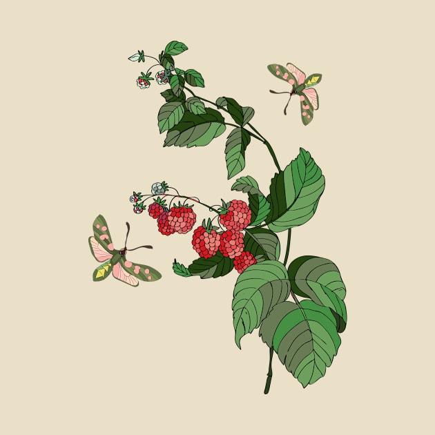 Botanical illustration: raspberry plant and butterflies by EEVLADA