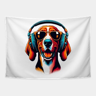 Smiling Redbone Coonhound DJ in Japanese Art Fusion Tapestry