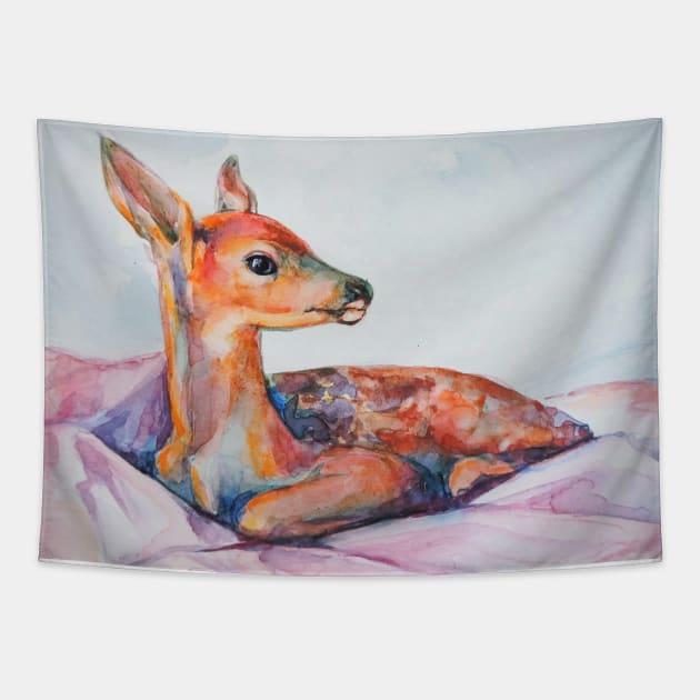 Watercolor baby deer Tapestry by MariDein