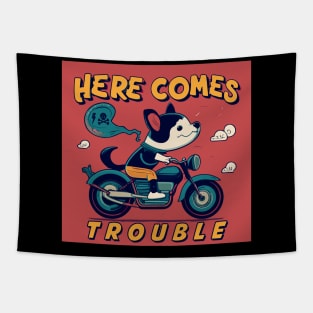 Here comes Trouble the dog biker Tapestry
