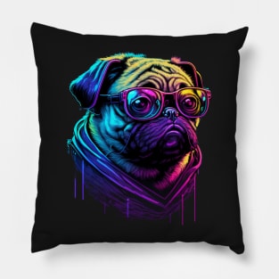 Synthwave/Retrowave neon PUG with Glasses Pillow