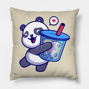 Cute Panda Holding Boba Milk Tea Drink Cartoon Pillow