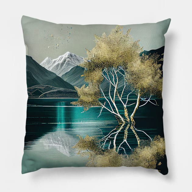 Green Mountain Lake with Golden Tree Pillow by The Art Mage