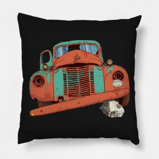 Old vintage truck and wolf skull Pillow