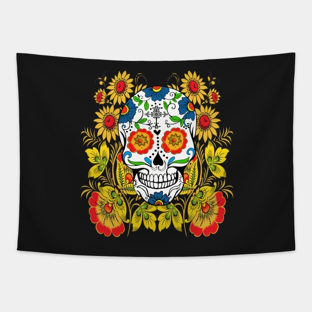 Yellow Floral Sugar Skull Day Of The Dead Tapestry by Atteestude