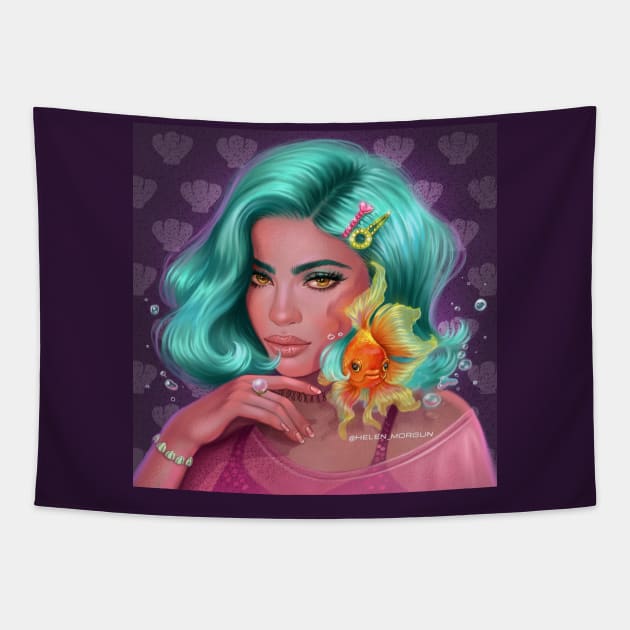 Girl with gold fish Tapestry by helen_morgun