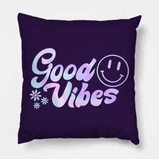 Groovy Good Vibes: 70s Holographic Text & Smiley Face Art Pillow