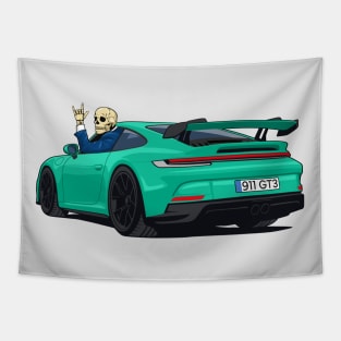 car 911 GT3 skull metal hands green Tapestry