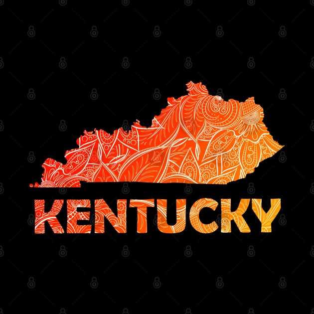 Colorful mandala art map of Kentucky with text in red and orange by Happy Citizen