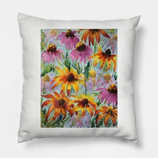 Echinacea and Rudbeckia Flowers Watercolor Painting Pillow