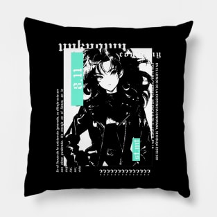 Cute beautiful girl with 90's jacket in black and white anime style | gothic | grunge | dark | alternative clothing Pillow