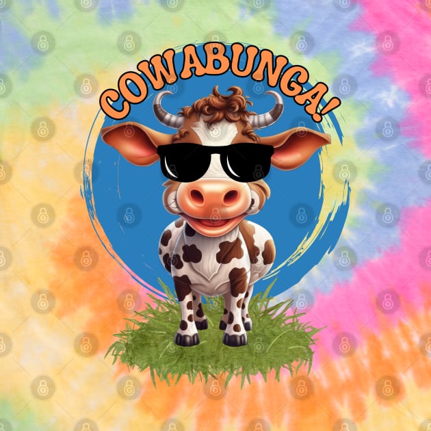 Cute Funny cow with sunglasses saying Cowabunga! by Shean Fritts 