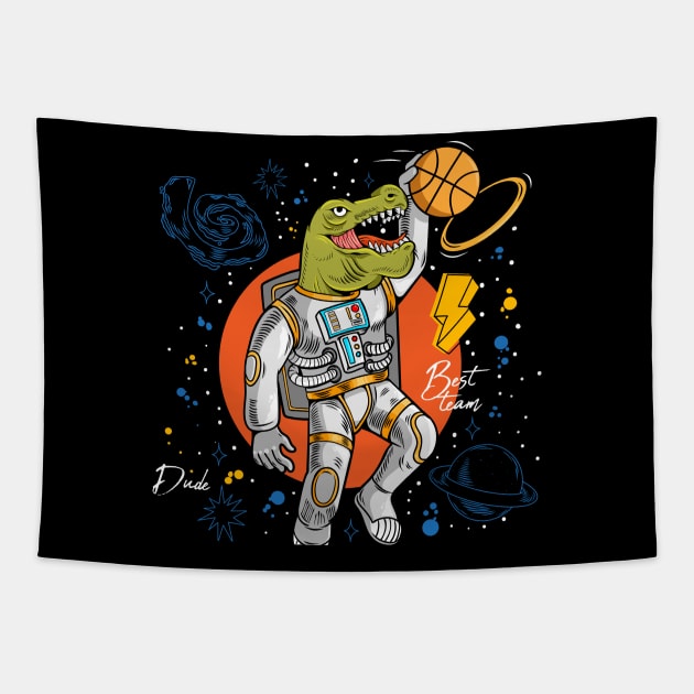 dinosaur t rex playing basketball Tapestry by Mako Design 