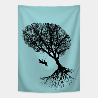 brain art, brain silouette with swing, tree branches shape of a brain Tapestry