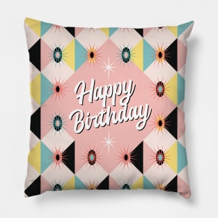 Happy Birthday - Atomic Sunburst Blocks Pink Pillow