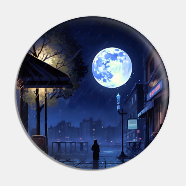 32-bit pixel art Blue Moon Cafe on Rainy Night Pin by Saypan Arts